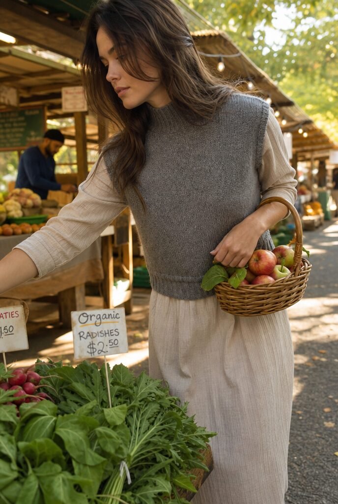 fall linen dress outfit: oatmeal linen midi dress layered under a grey cashmere sweater vest