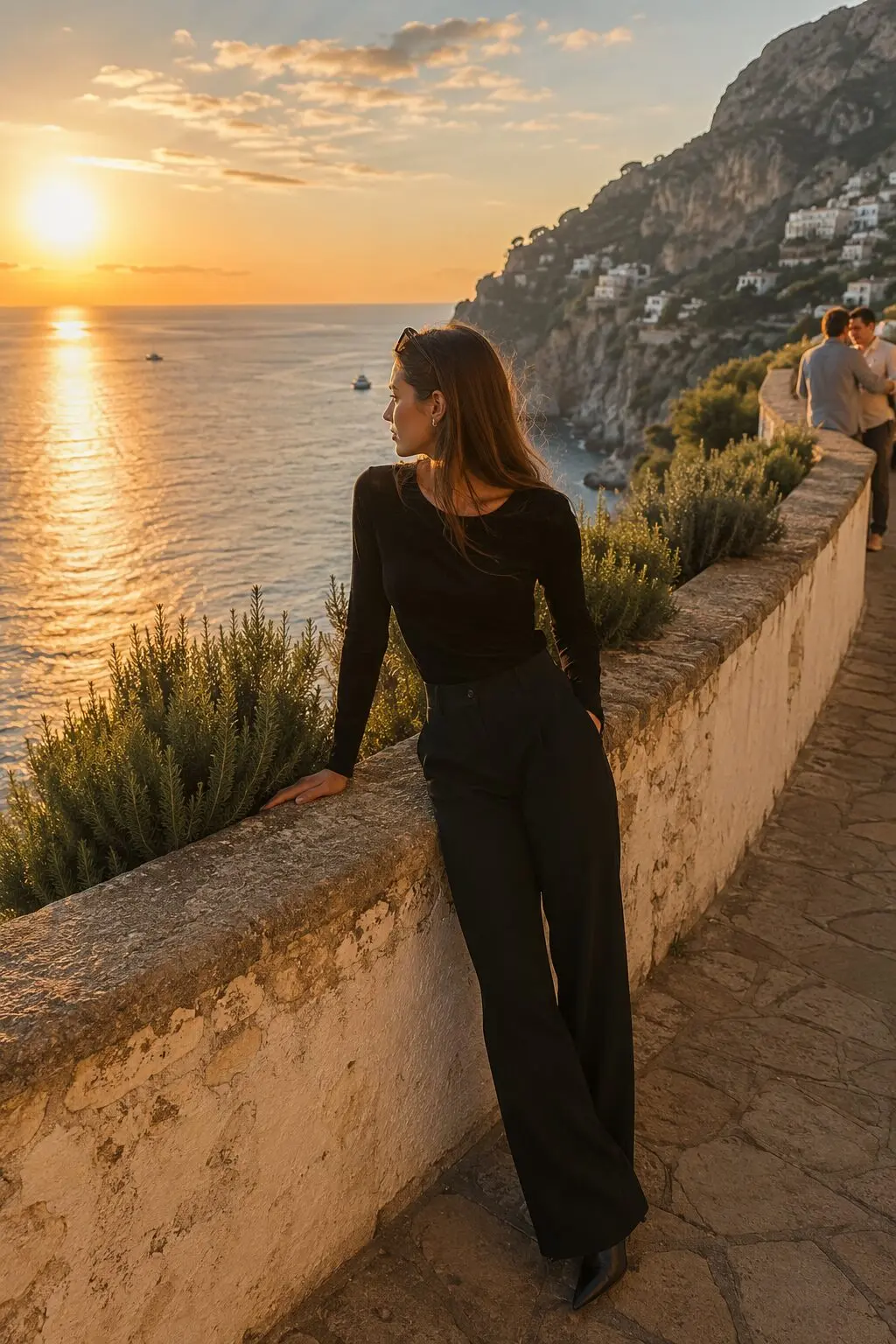 affordable Halloween outfit that looks expensive: black velvet top tucked into tailored trousers