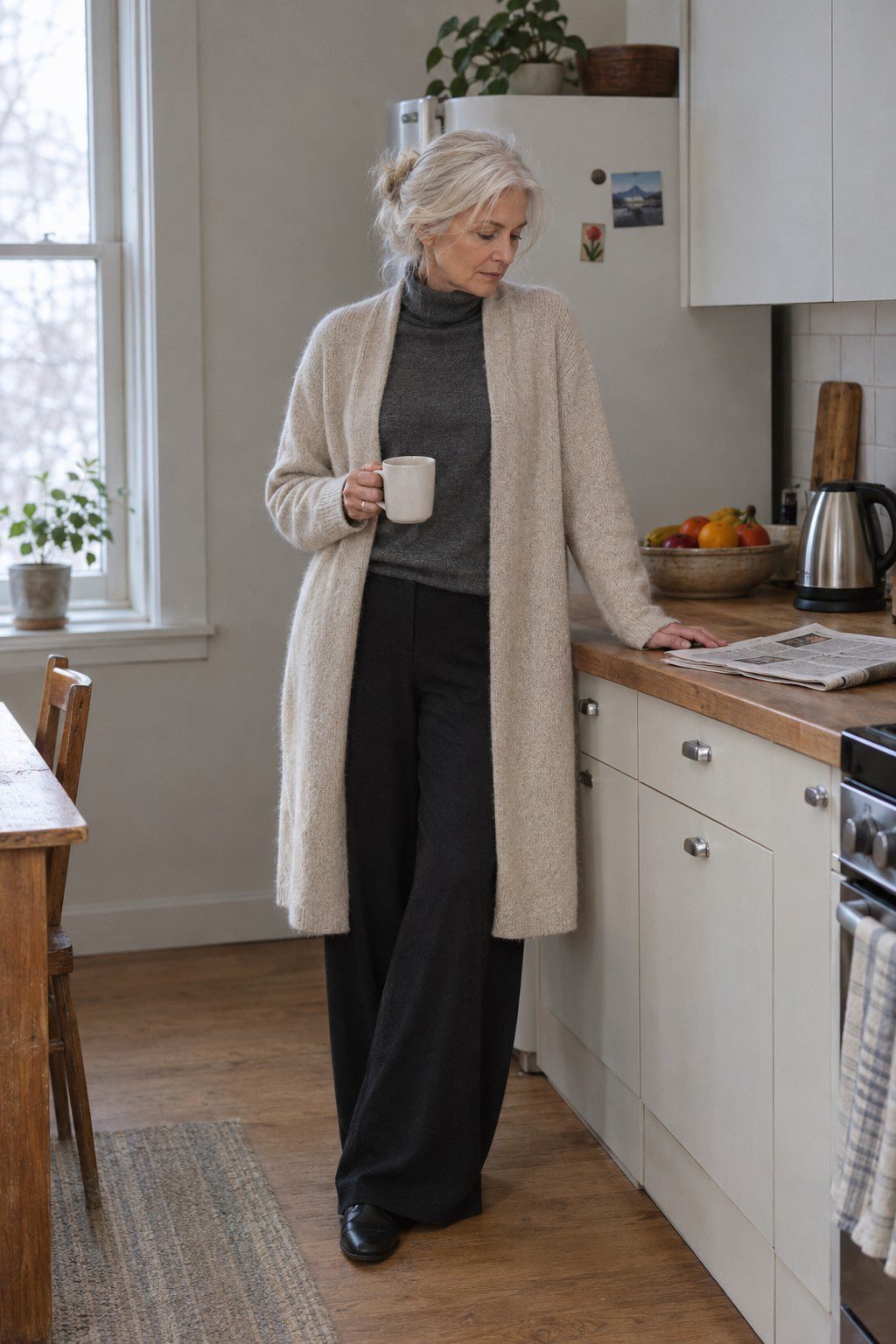 cozy elegant at-home winter outfit for a woman in her 70s: oatmeal cashmere duster cardigan over a grey turtleneck and black ponte trousers