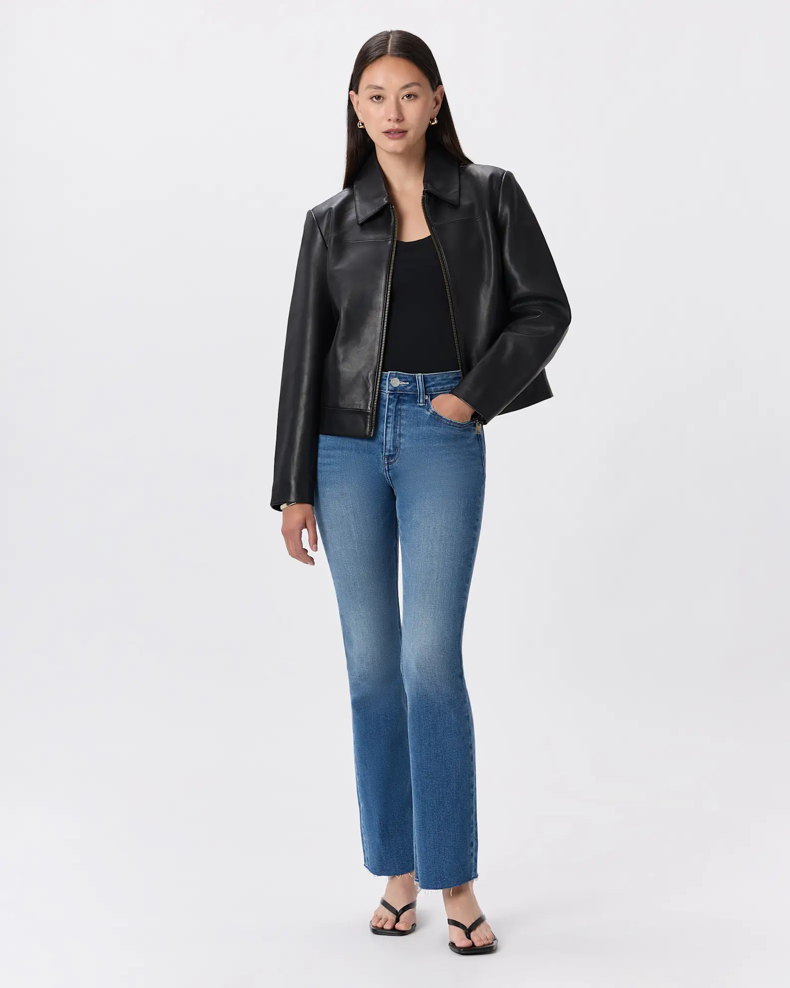 100% Leather Cropped Zip-Front Jacket (True Black)