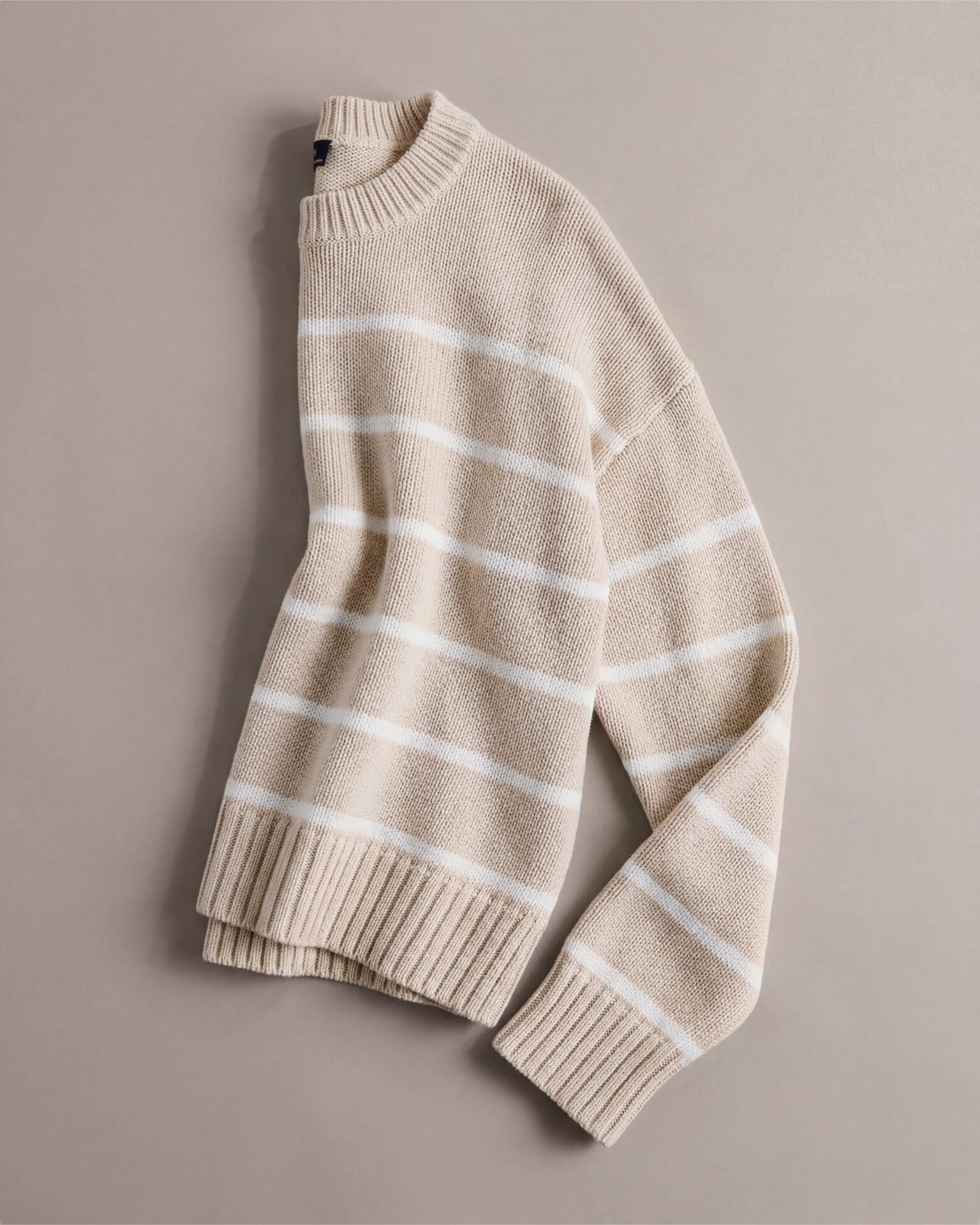 100% Organic Cotton Striped Crew Sweater (Speckled Beige/Ivory)