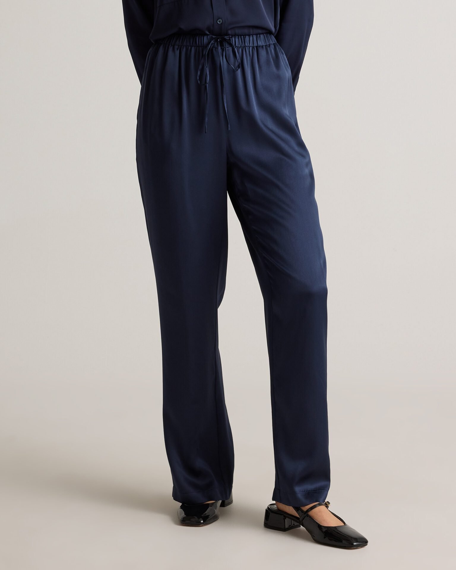 100% Washable Silk Drawstring Wide Leg Pants (Navy)
