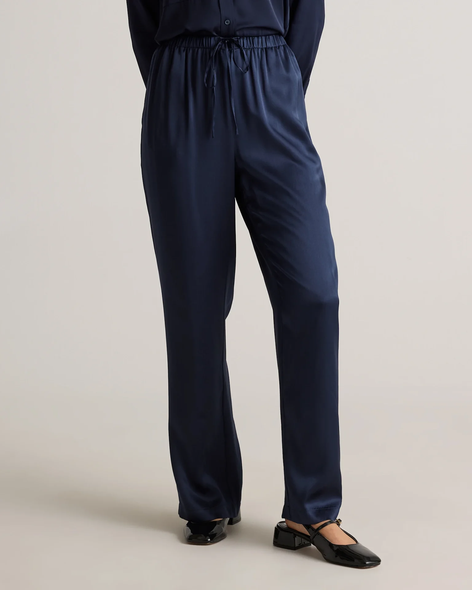 100% Washable Silk Drawstring Wide Leg Pants (Navy)