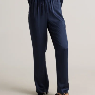 100% Washable Silk Drawstring Wide Leg Pants (Navy)