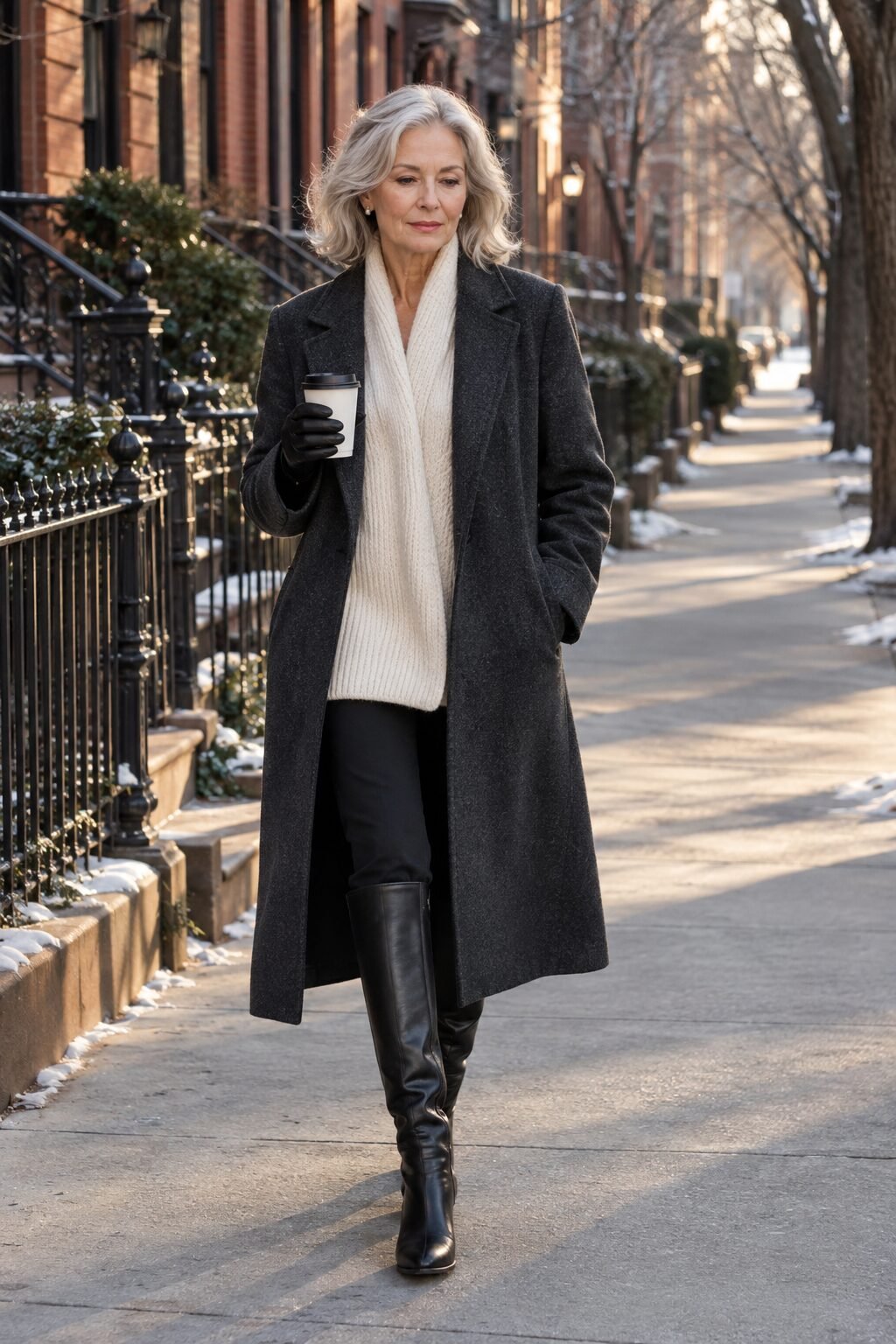 how to style a cardigan for women in their 70s: ivory cashmere cardigan layered under an open charcoal wool coat with tall black leather boots