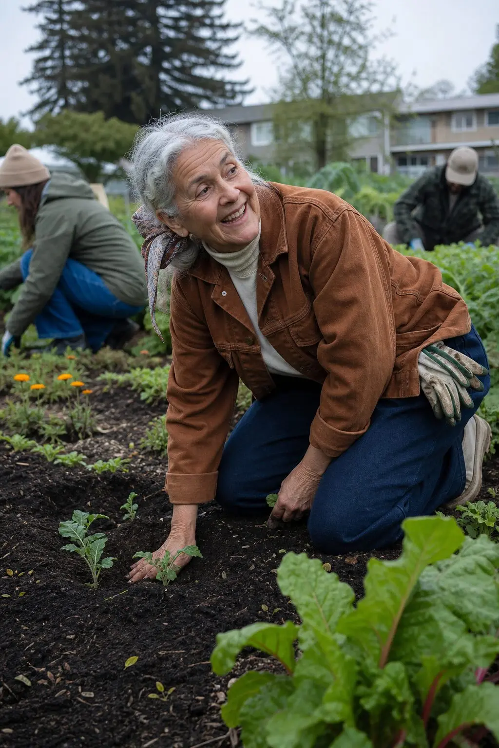 practical fall volunteering outfit for women in their 70s: utility jacket and wide-leg denim