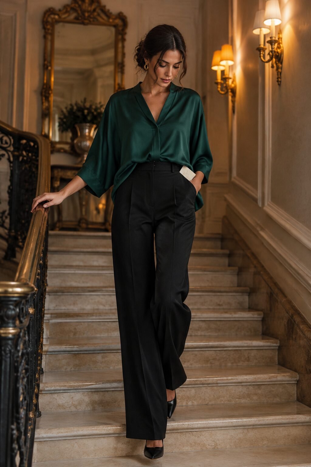 evening thanksgiving dinner outfit: emerald draped silk blouse and black tailored trousers