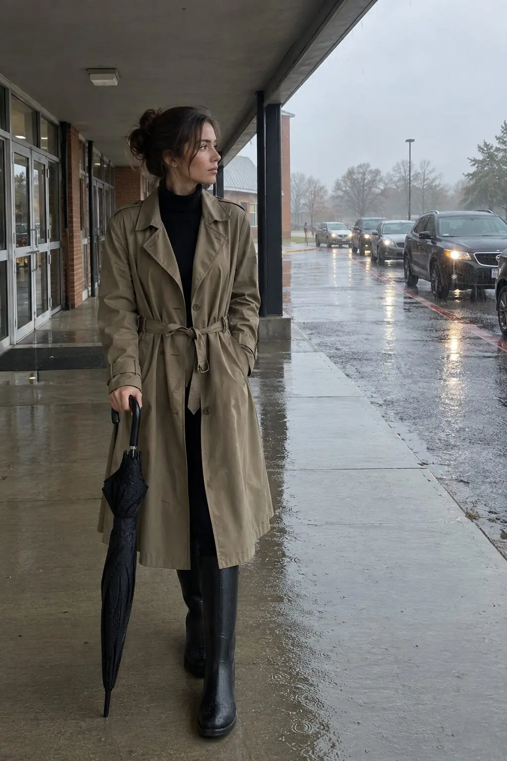 rainy day teacher outfit: khaki belted trench coat, black turtleneck, and black rain boots