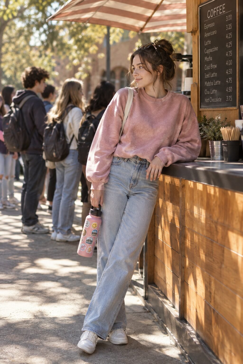 casual college outfit: dusty pink oversized sweatshirt with high-waist light wash jeans and white sneakers