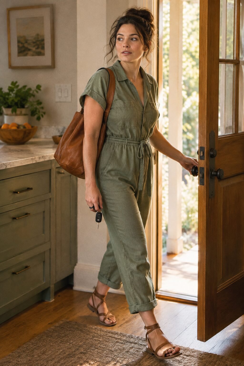 sage utility jumpsuit and wrap sandals, a rushed first day of school outfit for moms