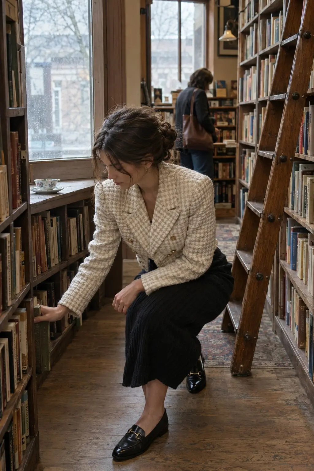 mysterious librarian Halloween outfit: cream houndstooth cropped jacket with black cashmere midi skirt