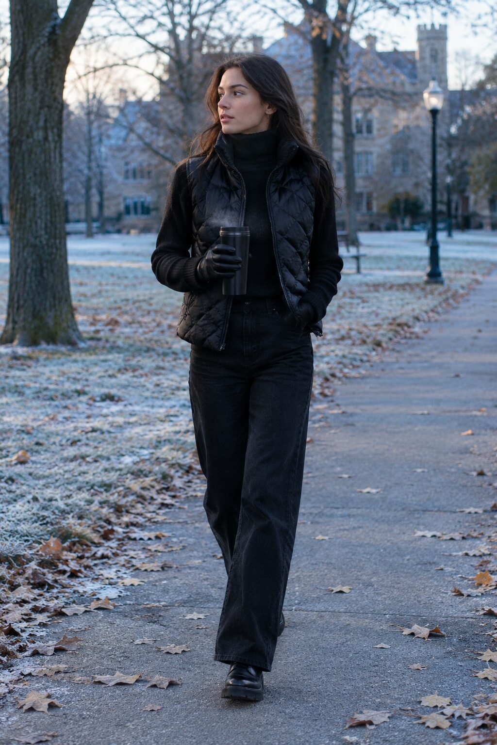 all-black fall college outfit: quilted vest, cashmere turtleneck, and wide-leg jeans for a chilly morning commute