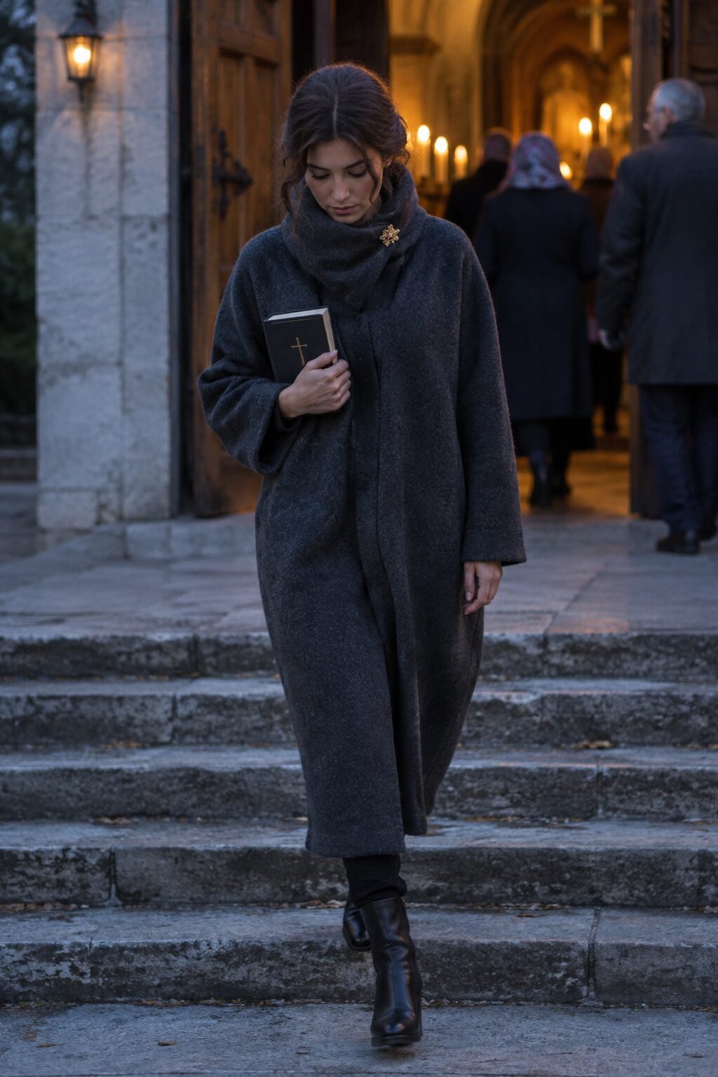 charcoal wool cashmere cocoon coat and black leather ankle boots Christmas Eve candlelight service outfit with a brooch at the front closure