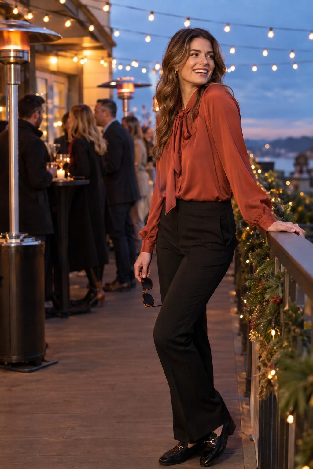 holiday cocktail hour winter country club outfit: clay red silk tie-neck blouse with black ponte trousers