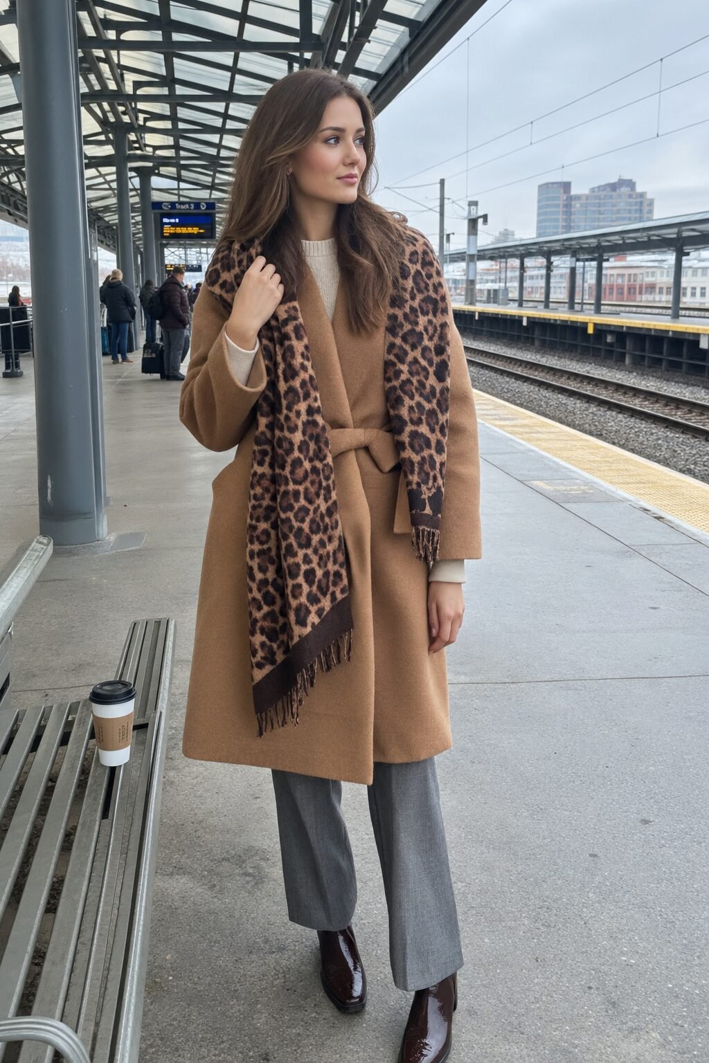 woman wearing a leopard print cashmere scarf over a winter travel outfit