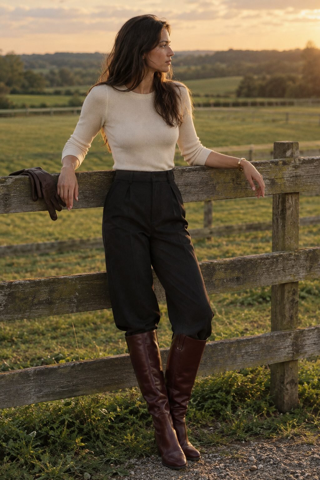 old money bracelet stacking outfit: black tailored trouser, merlot knee-high boots, gold bangle stack