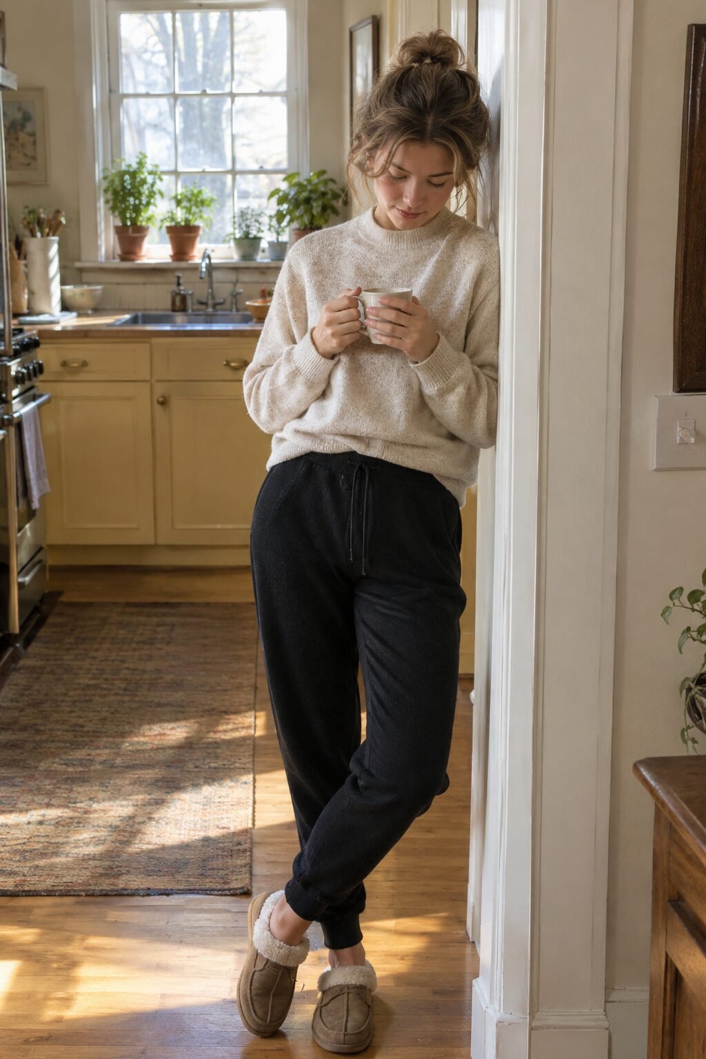how to style a cashmere sweater with joggers: oatmeal cashmere crewneck with black tapered cashmere joggers for a dressed-down weekend look