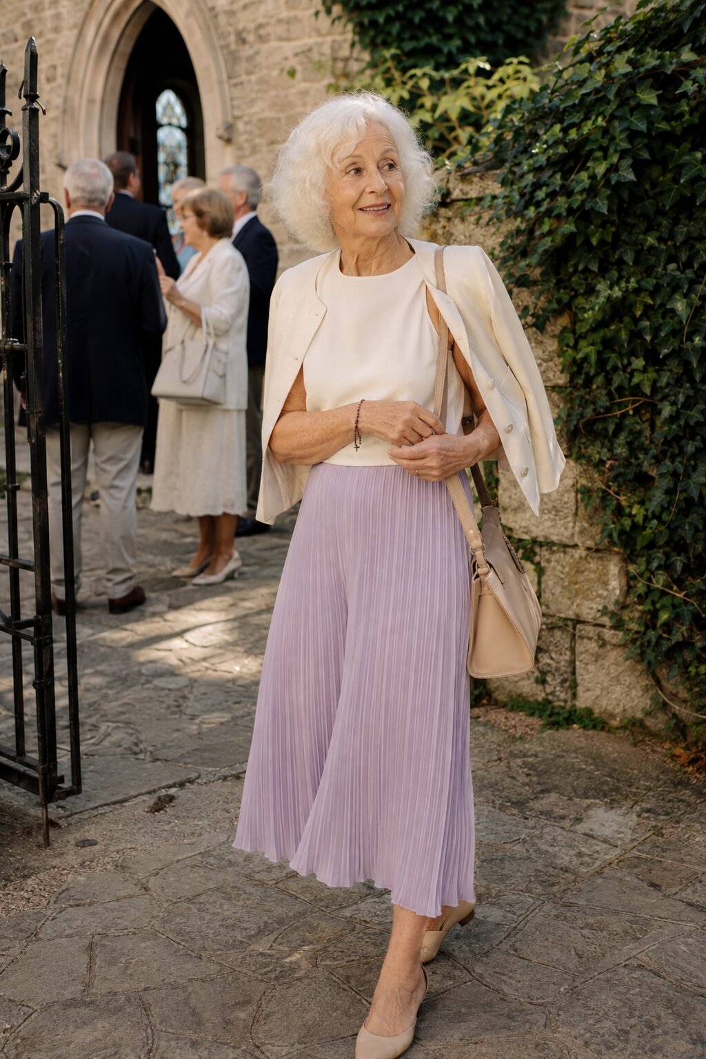 ivory sleeveless shell with lavender pleated culottes and cropped jacket, modest summer church outfit for women in their 70s