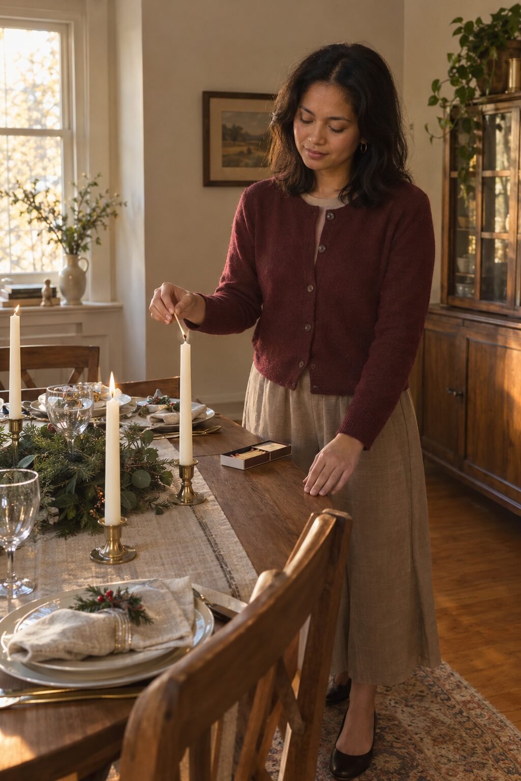 Woman lighting candles and setting a simple holiday dinner table before guests arrive