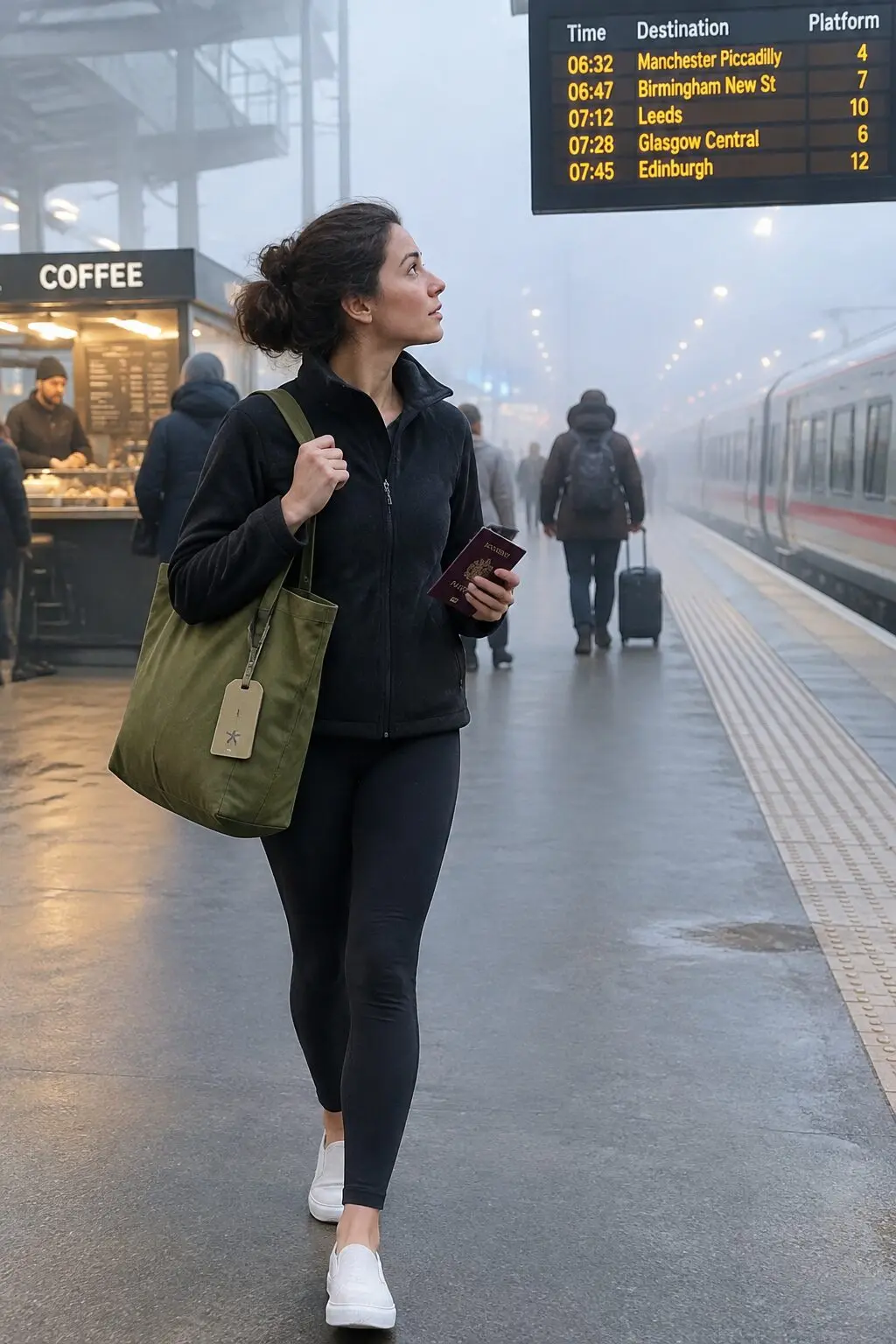 olive travel outfit with black leggings, white sneakers, and an olive green canvas tote bag