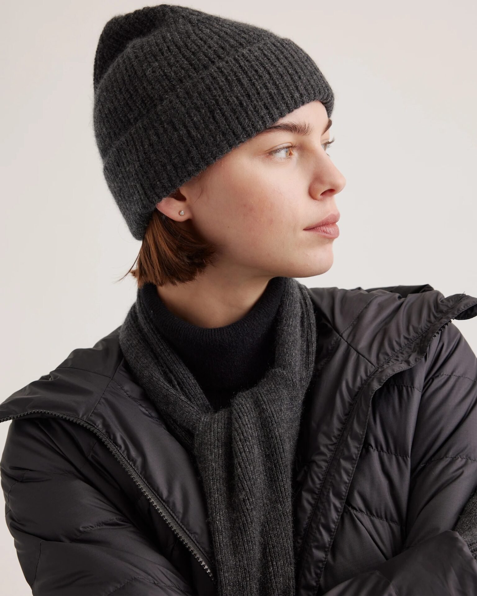 Mongolian Cashmere Ribbed Beanie (Heather Charcoal)