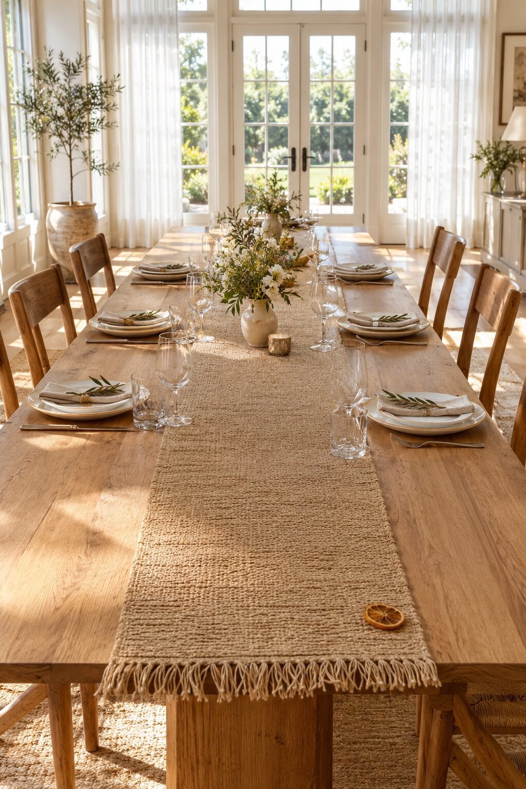 woven table runner layered over a bare wood table for holiday decor
