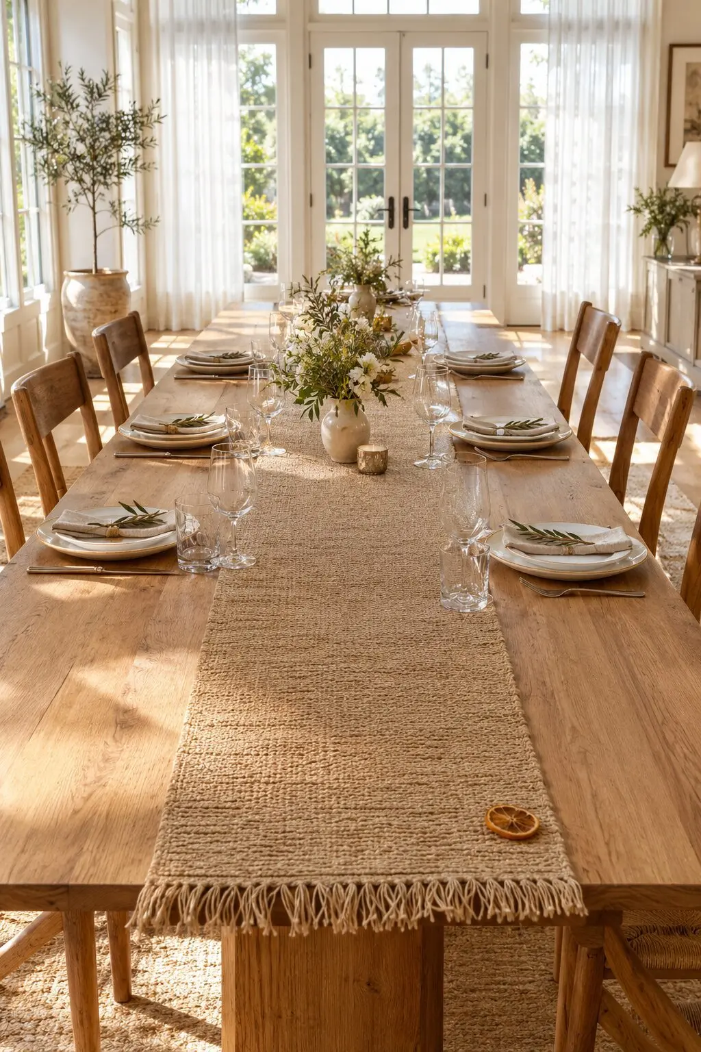 woven table runner layered over a bare wood table for holiday decor