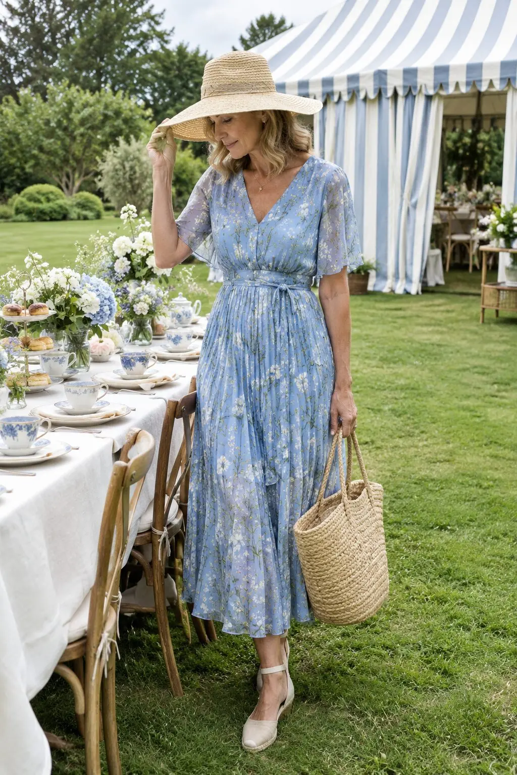 stepmother of the groom spring garden wedding outfit: light blue wildflower midi dress with straw wide-brim hat