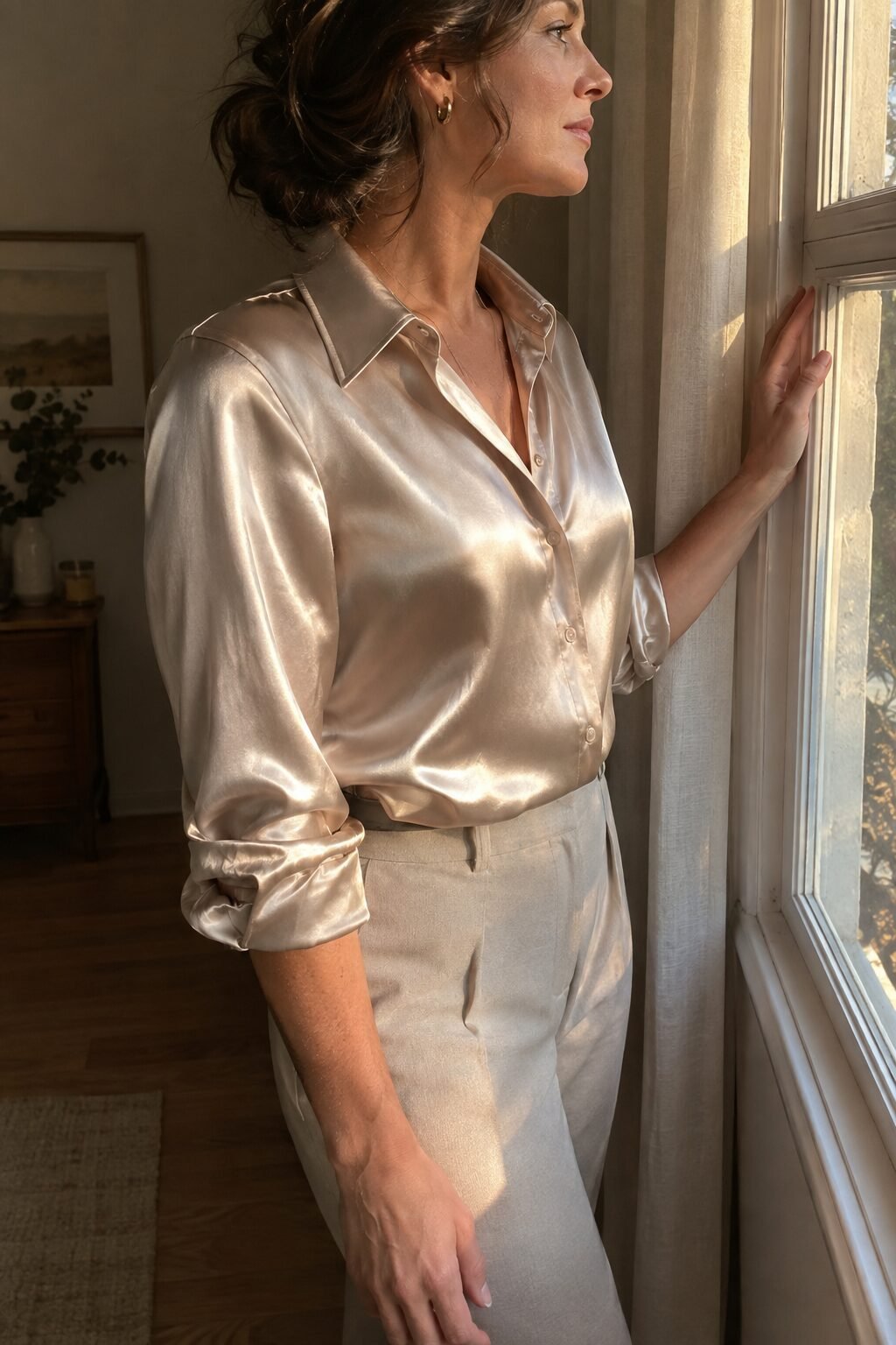 Close-up of a satin fabric sleeve catching soft light