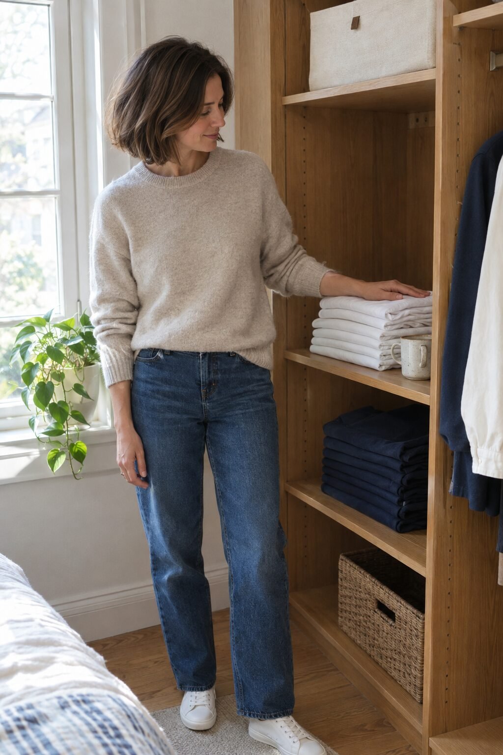 woman folding a well-made white tee and navy trousers into a neat stack in a bright bedroom closet