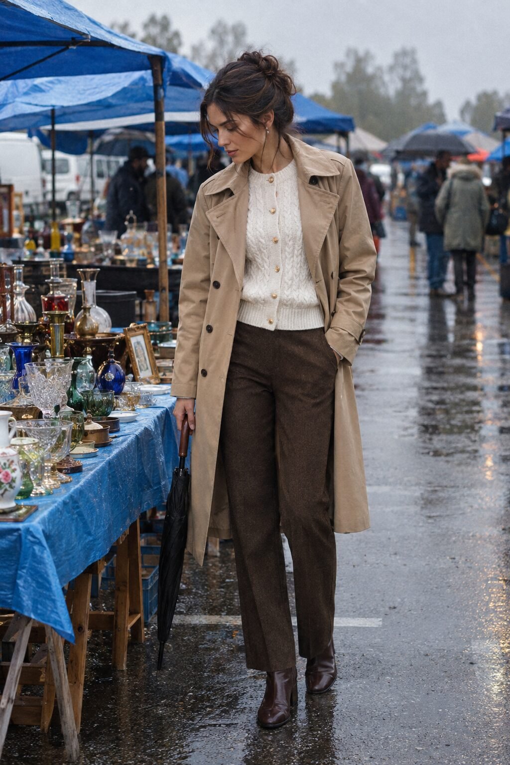 old money outfit for a rainy flea market: beige water-repellent trench coat over a cream cable knit cardigan