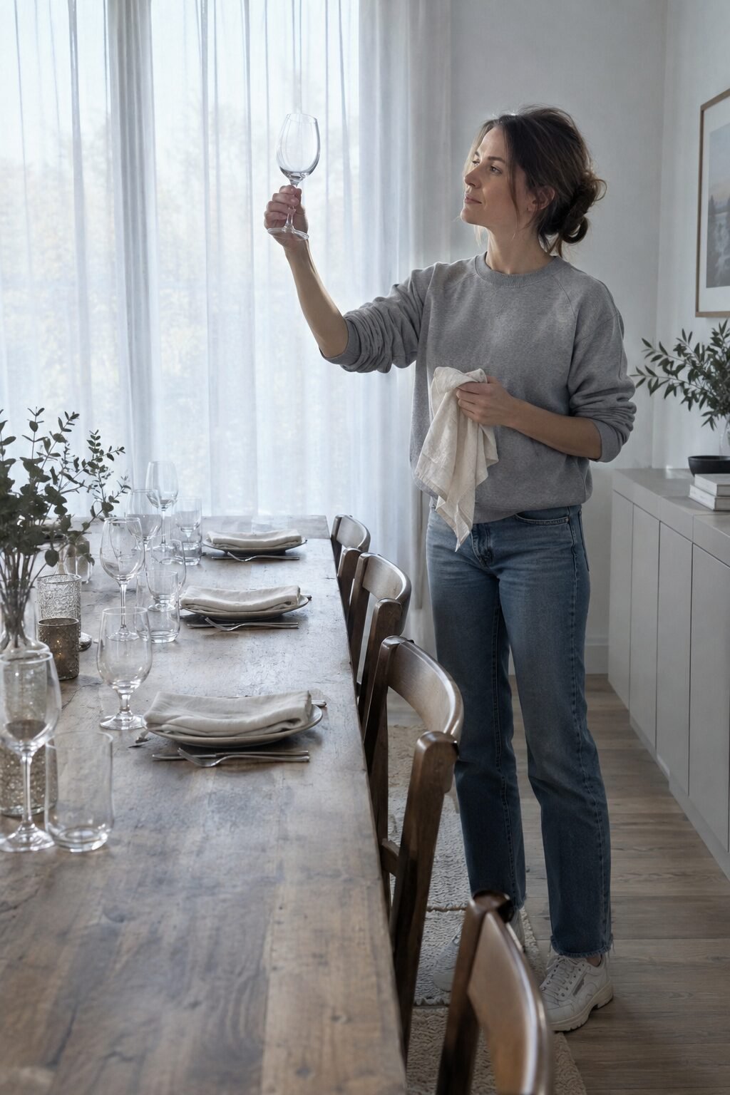 a set holiday dinner table with polished glasses and folded napkins prepared the night before