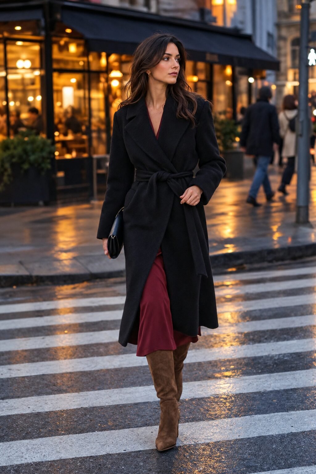 winter office outfit: wine midi wrap dress, tall brown boots, and belted black wool overcoat
