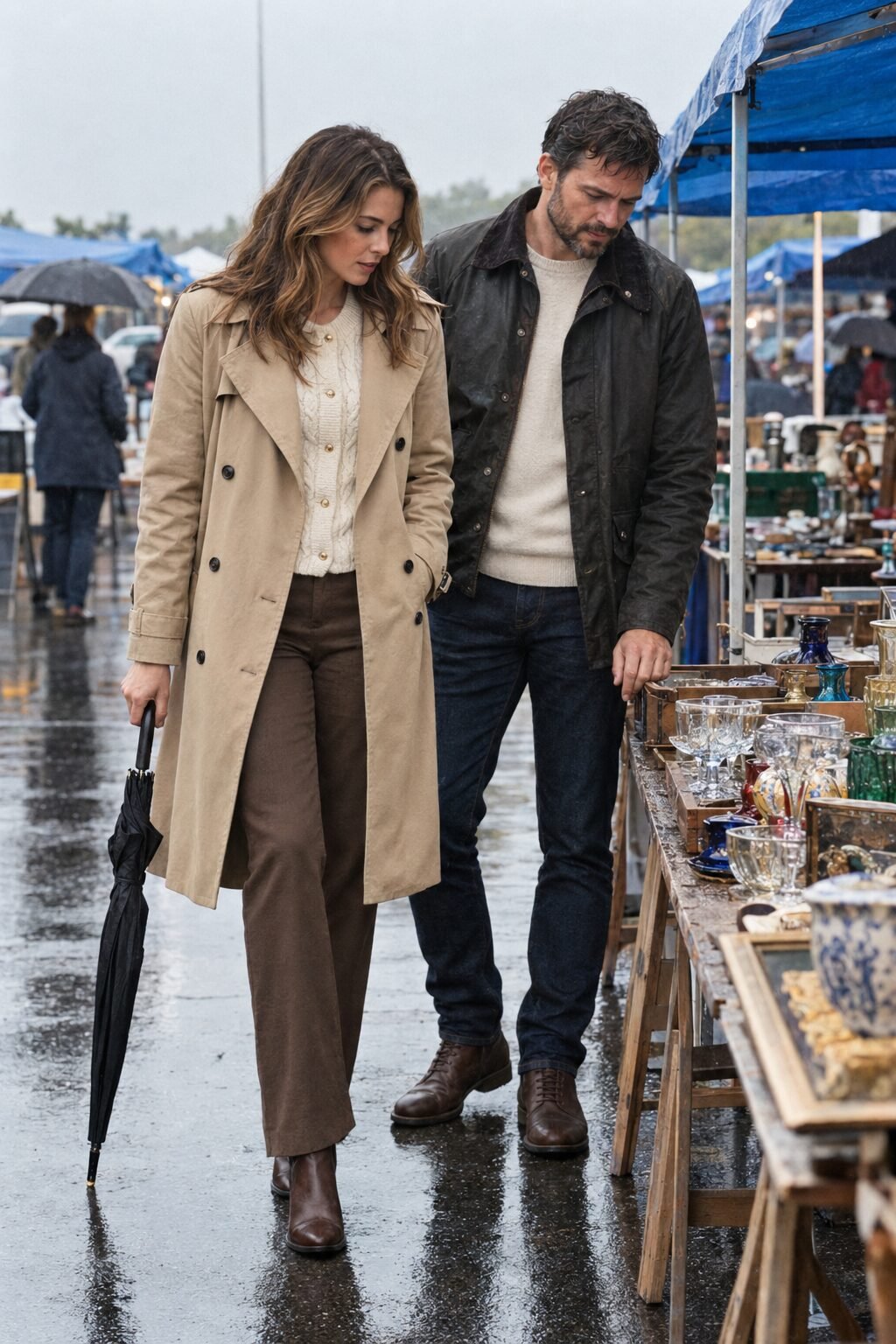 old money couple outfit for a rainy flea market: beige water-repellent trench coat over a cream cable knit cardigan