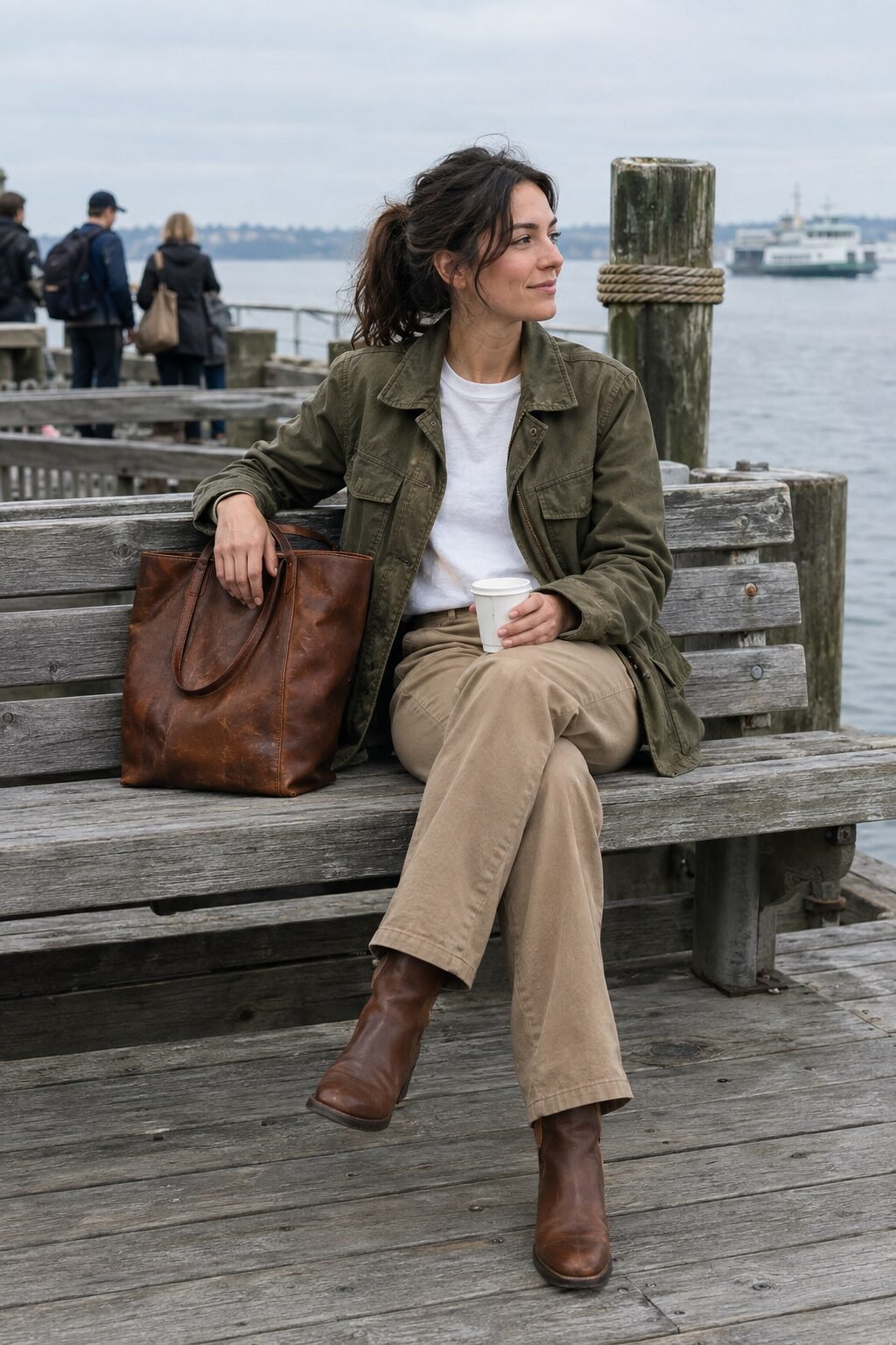 well-worn leather tote with soft creases and a small scuff resting on a wooden bench, a bag that lasts