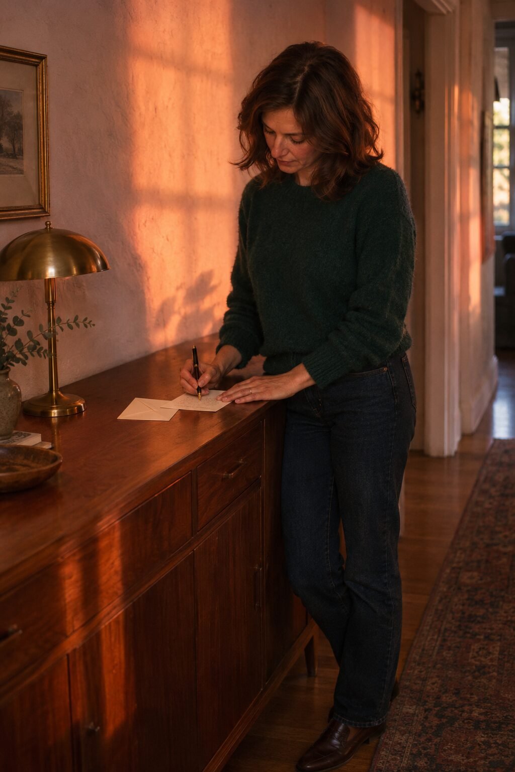 woman writing a handwritten note at a desk beside a cup of tea, an unhurried weekend habit