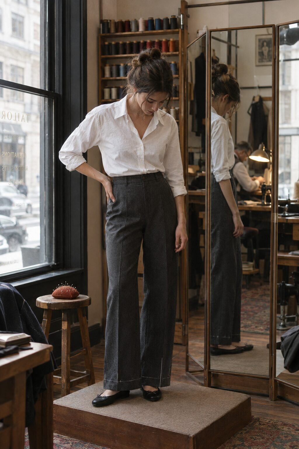 woman having a trouser hem pinned at a tailoring shop