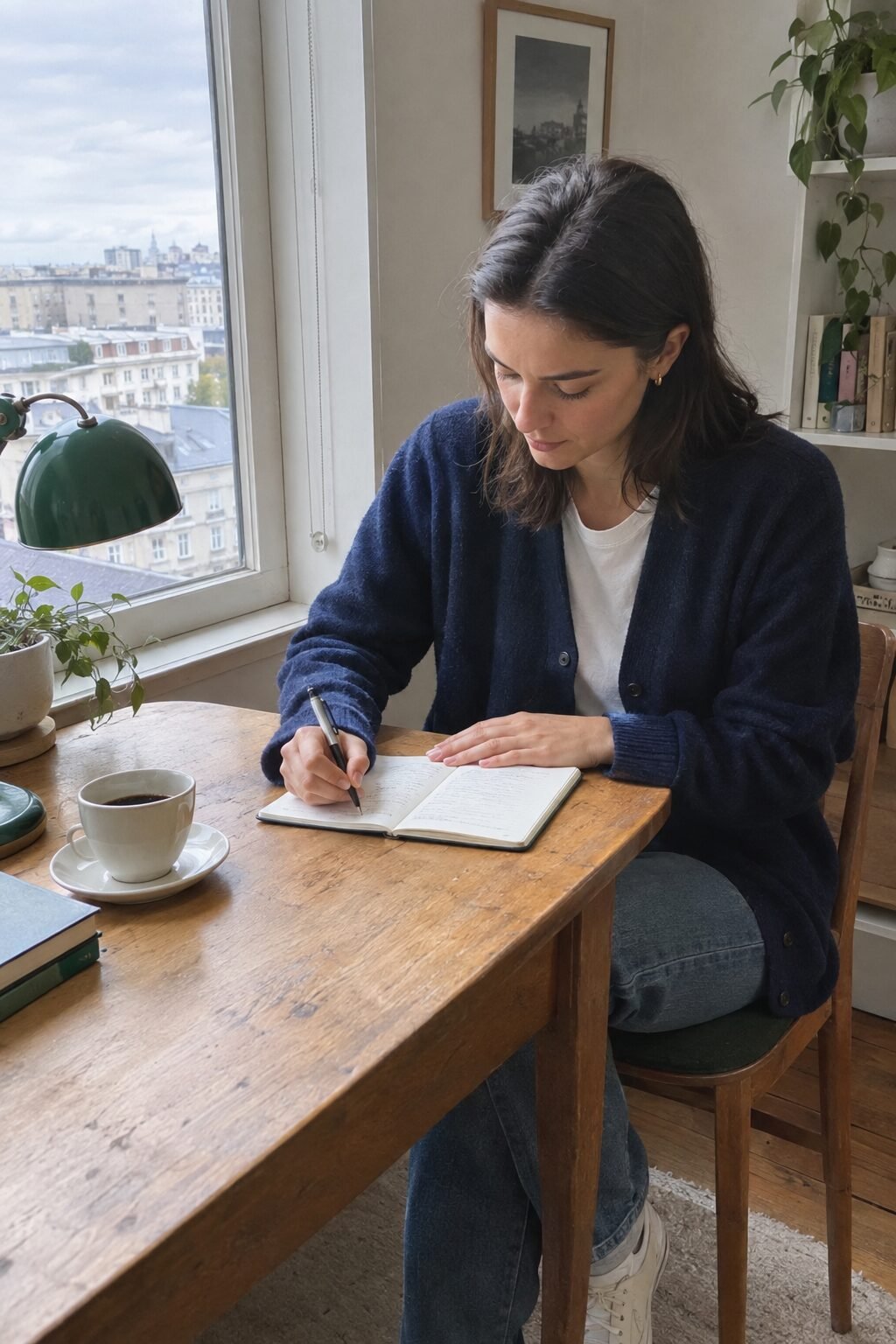 A woman writing in a small notebook at a desk beside a window with a cup of coffee