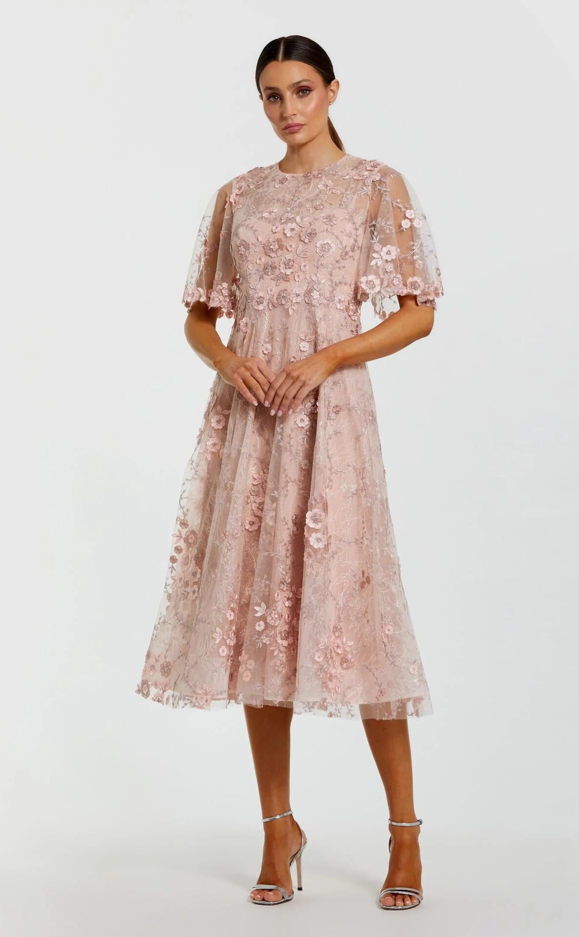 Flutter Sleeve Embroidered Midi Dress