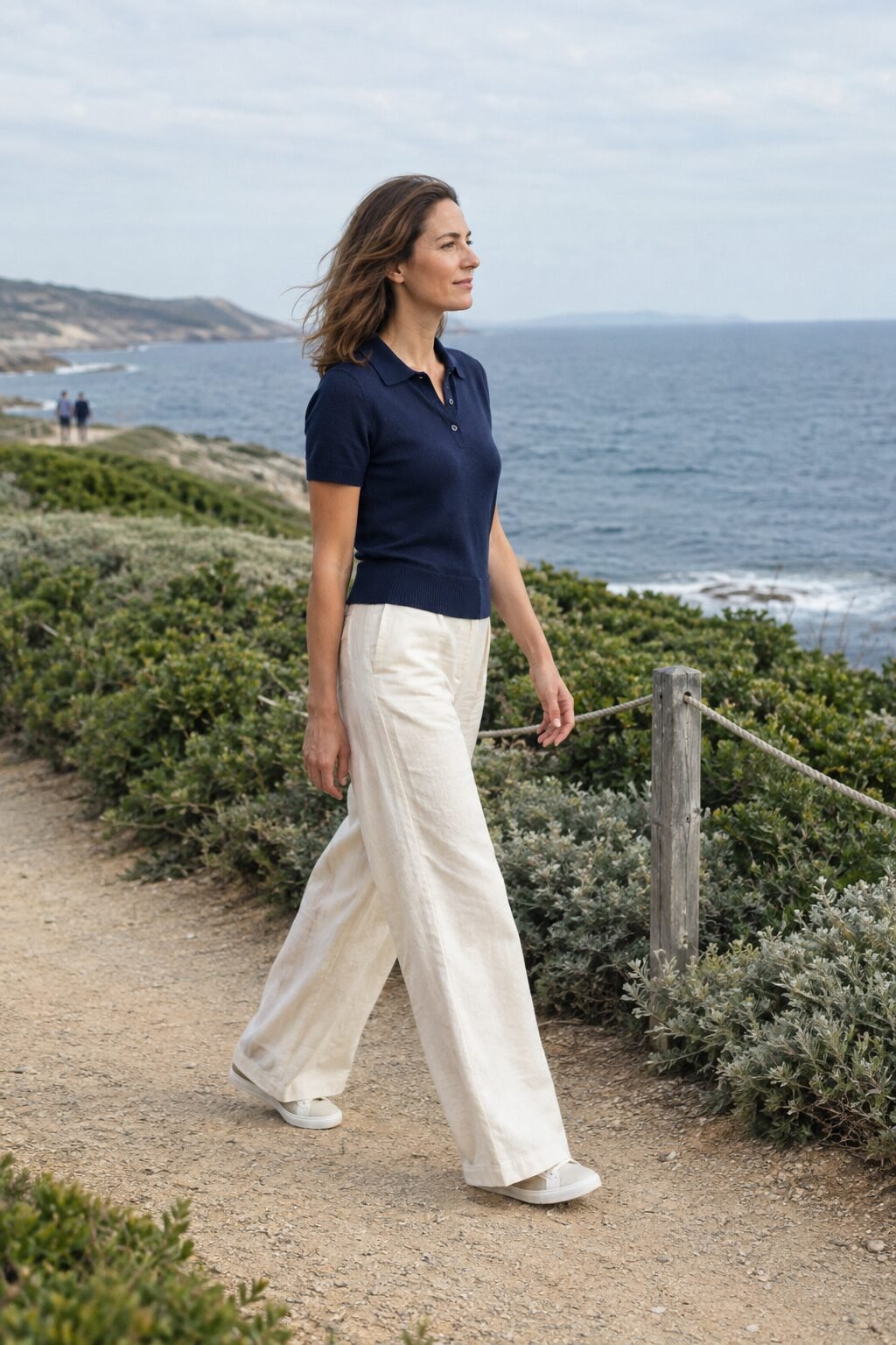 woman walking unhurriedly along a quiet tree-lined path with relaxed shoulders and an upright posture