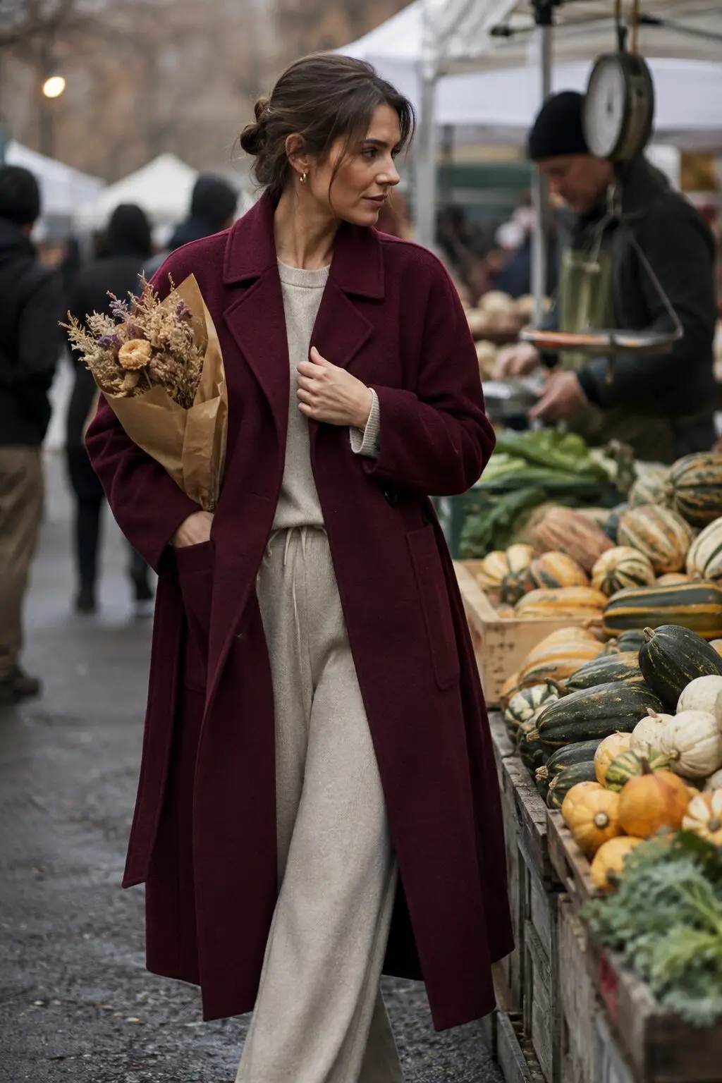 burgundy statement coat fall outfit, midi coat worn open over an oatmeal knit set