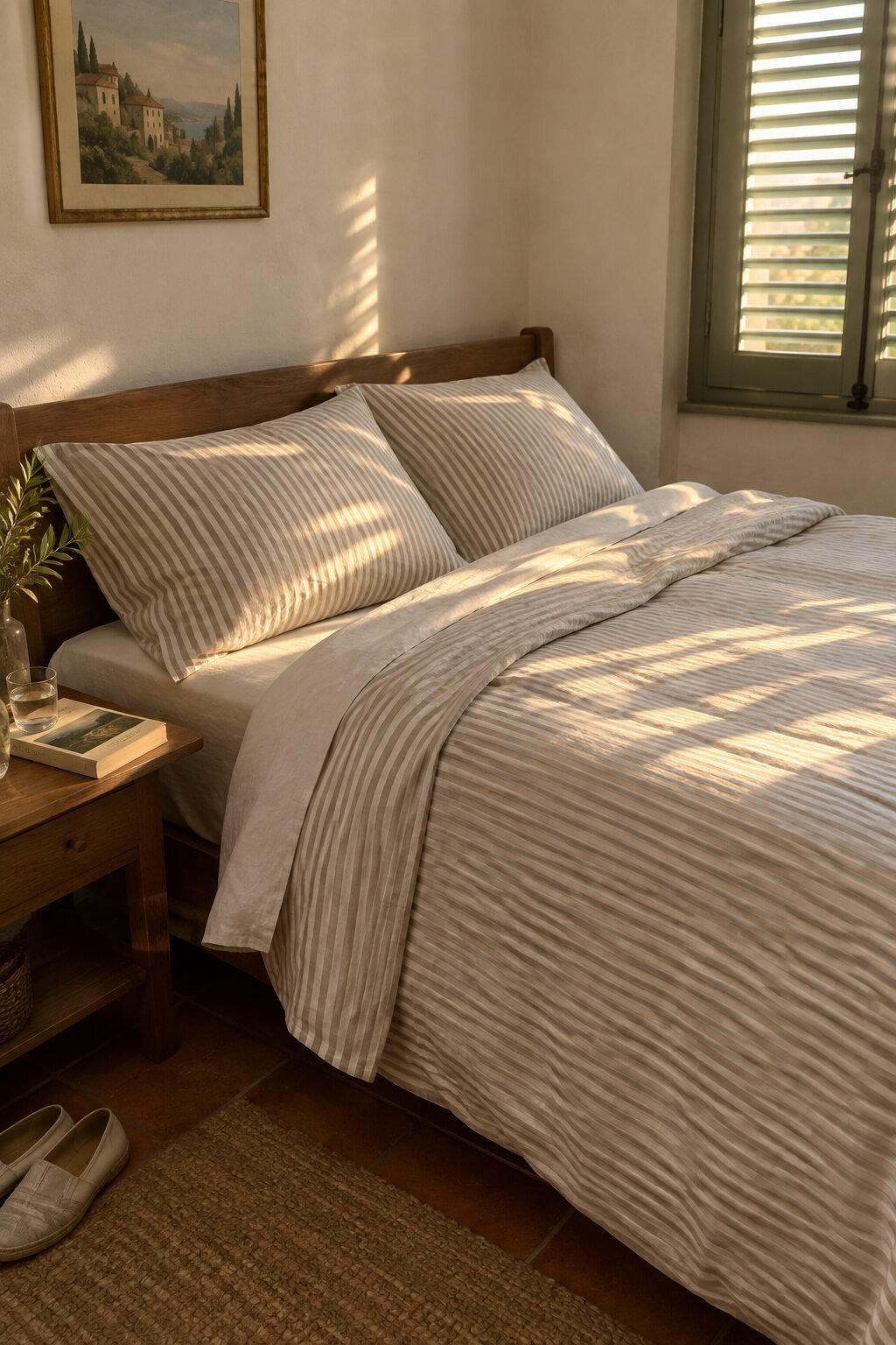 old money evening routine: a neatly made bed with striped linen sheets in soft neutral tones