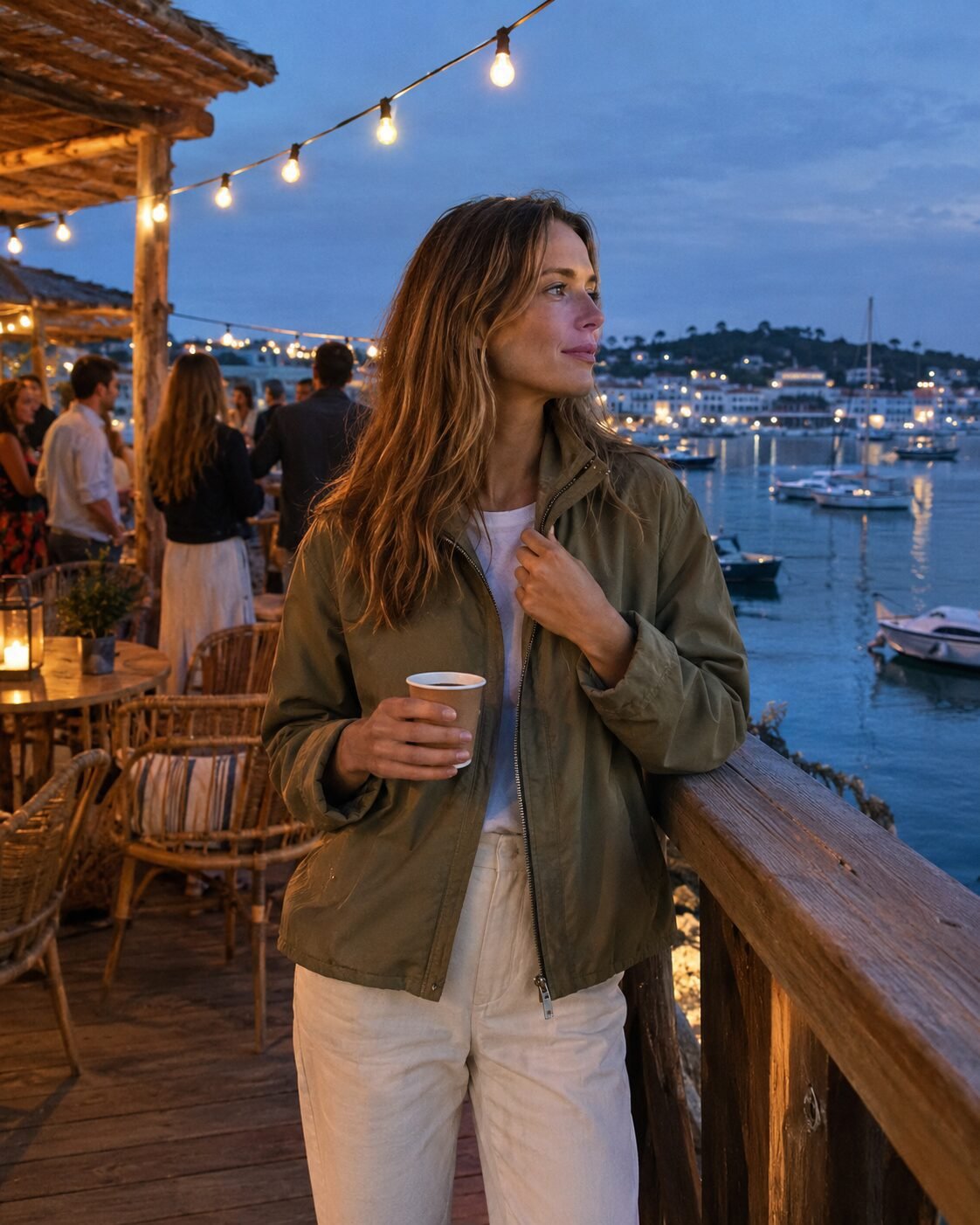 woman with a light jacket over her shoulders at an outdoor evening gathering, layered casual event outfit