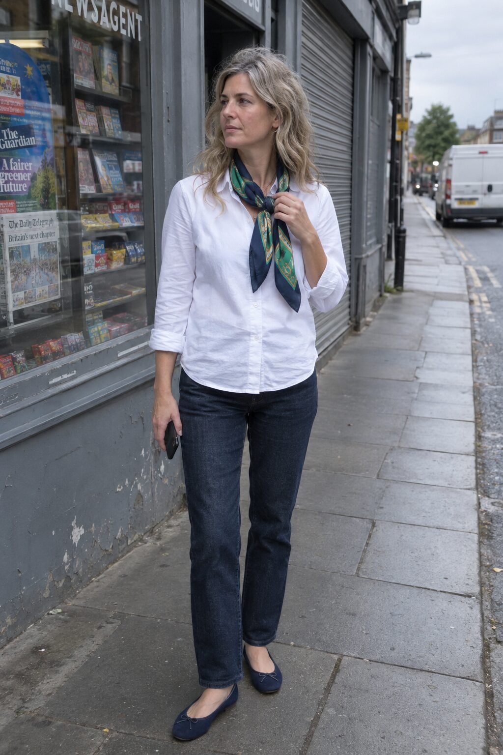 woman with a navy silk scarf tied to her bag handle standing on a city street