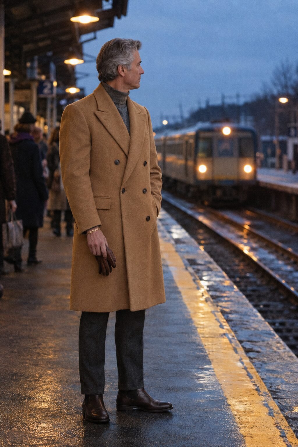 old money bracelet with an overcoat: polished gold snap chain bracelet at the wrist of a vicuna camel hair overcoat