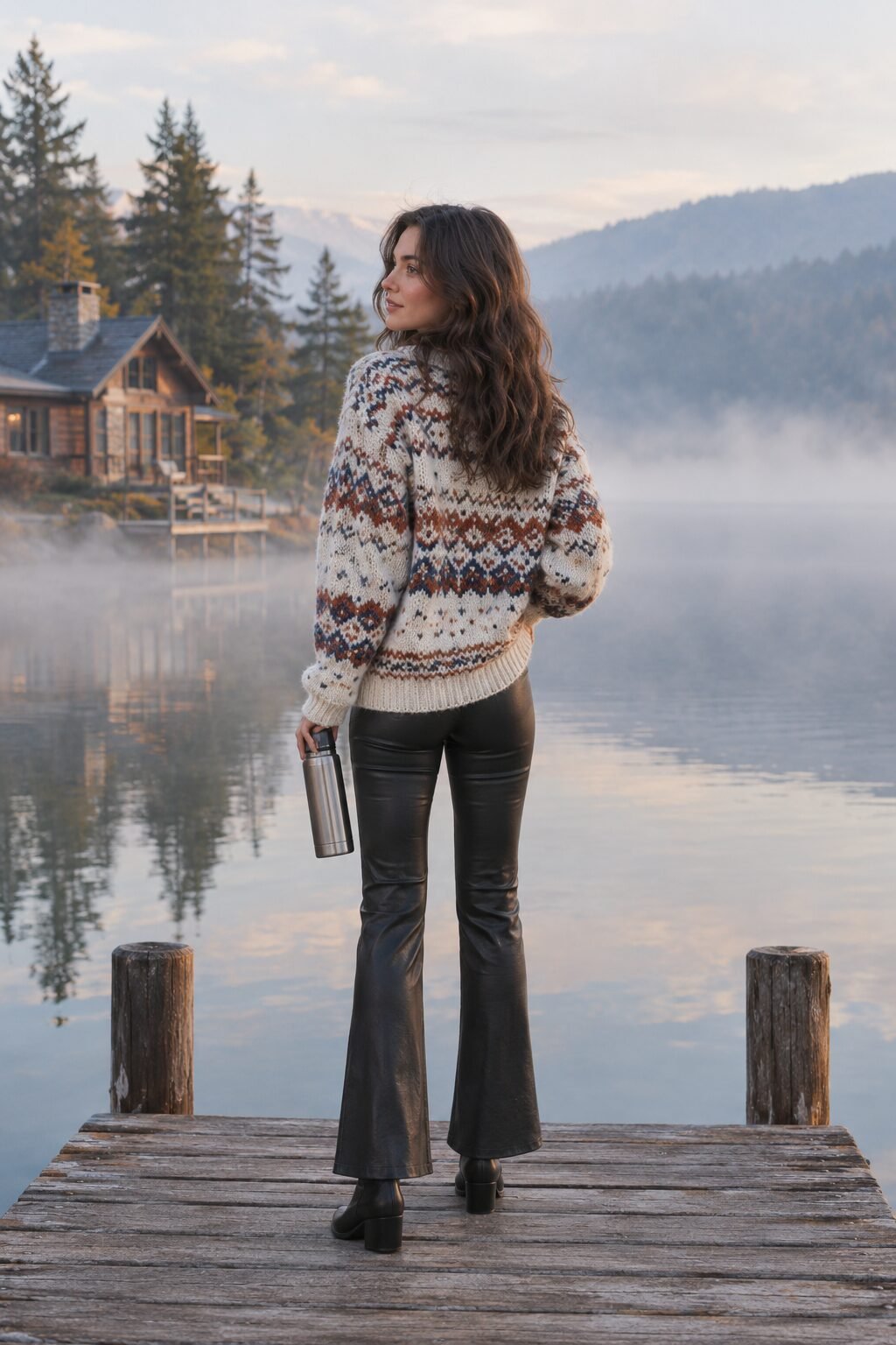 classy fall outfit with ankle boots: fair isle sweater and leather leggings