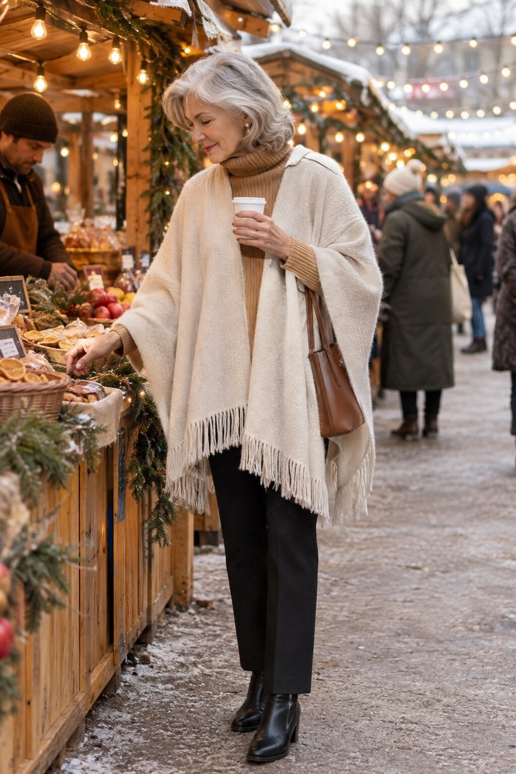 warm outdoor winter market outfit for a woman in her 70s: camel and ivory cashmere poncho over a ribbed turtleneck and slim trousers