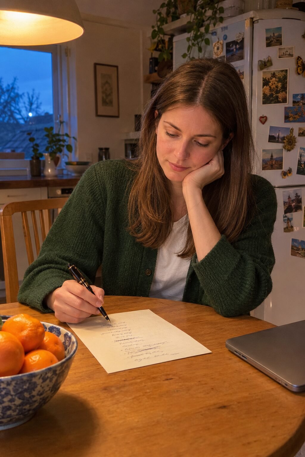 handwritten wedding guest list on cream paper next to a fountain pen