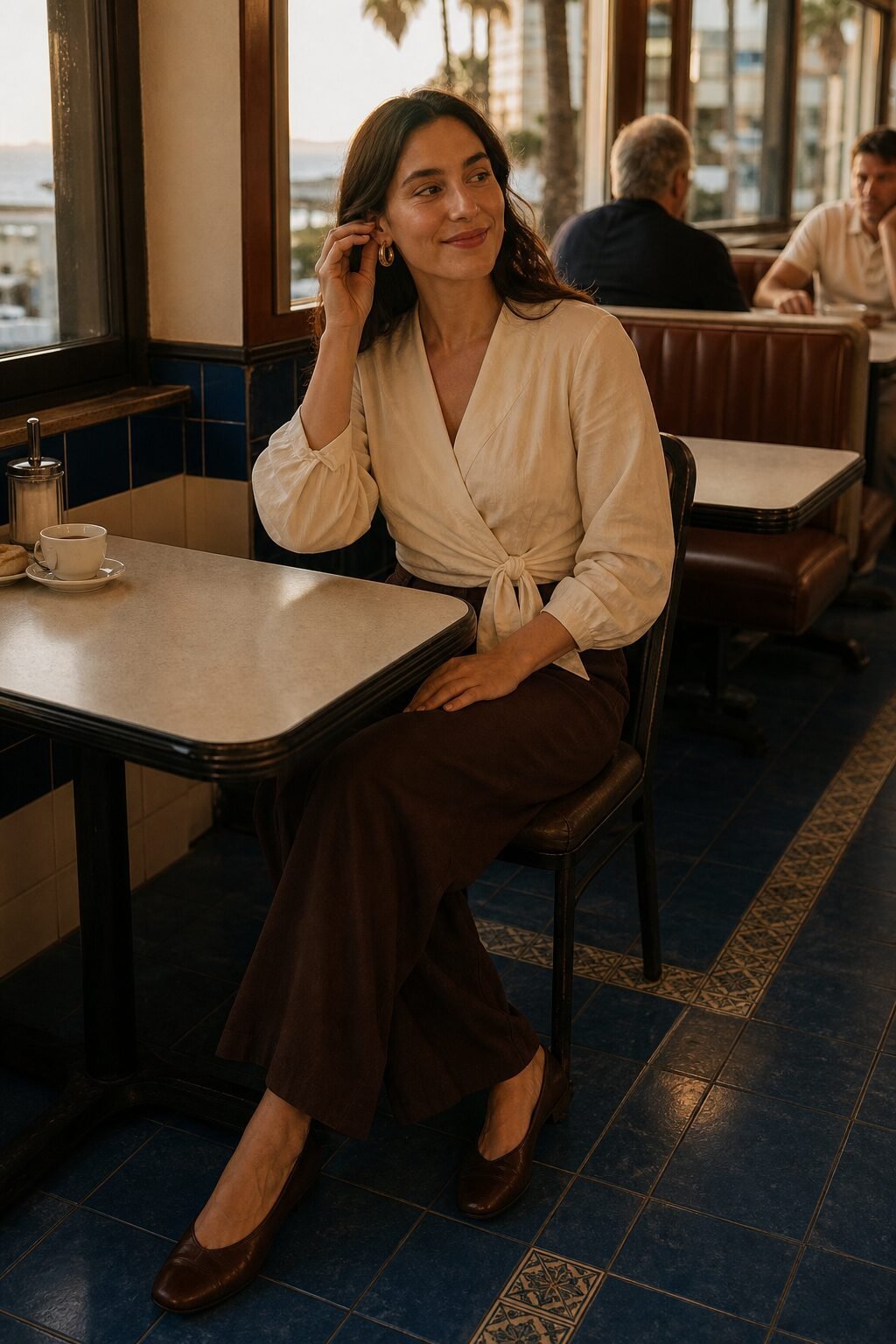 how to style wide-leg trousers with an ivory wrap top over chocolate brown wide-leg trousers