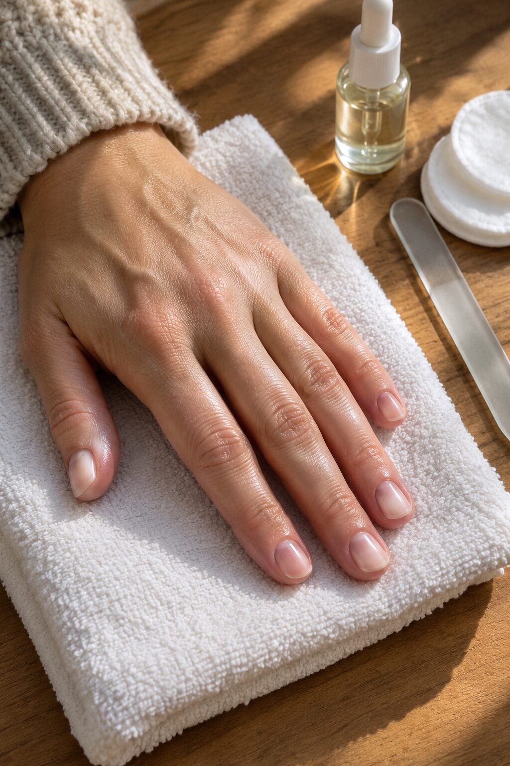 close-up of a hand with freshly filed short bare nails resting on a towel beside a glass nail file, cotton pads and cuticle oil, a weekly nail care ritual